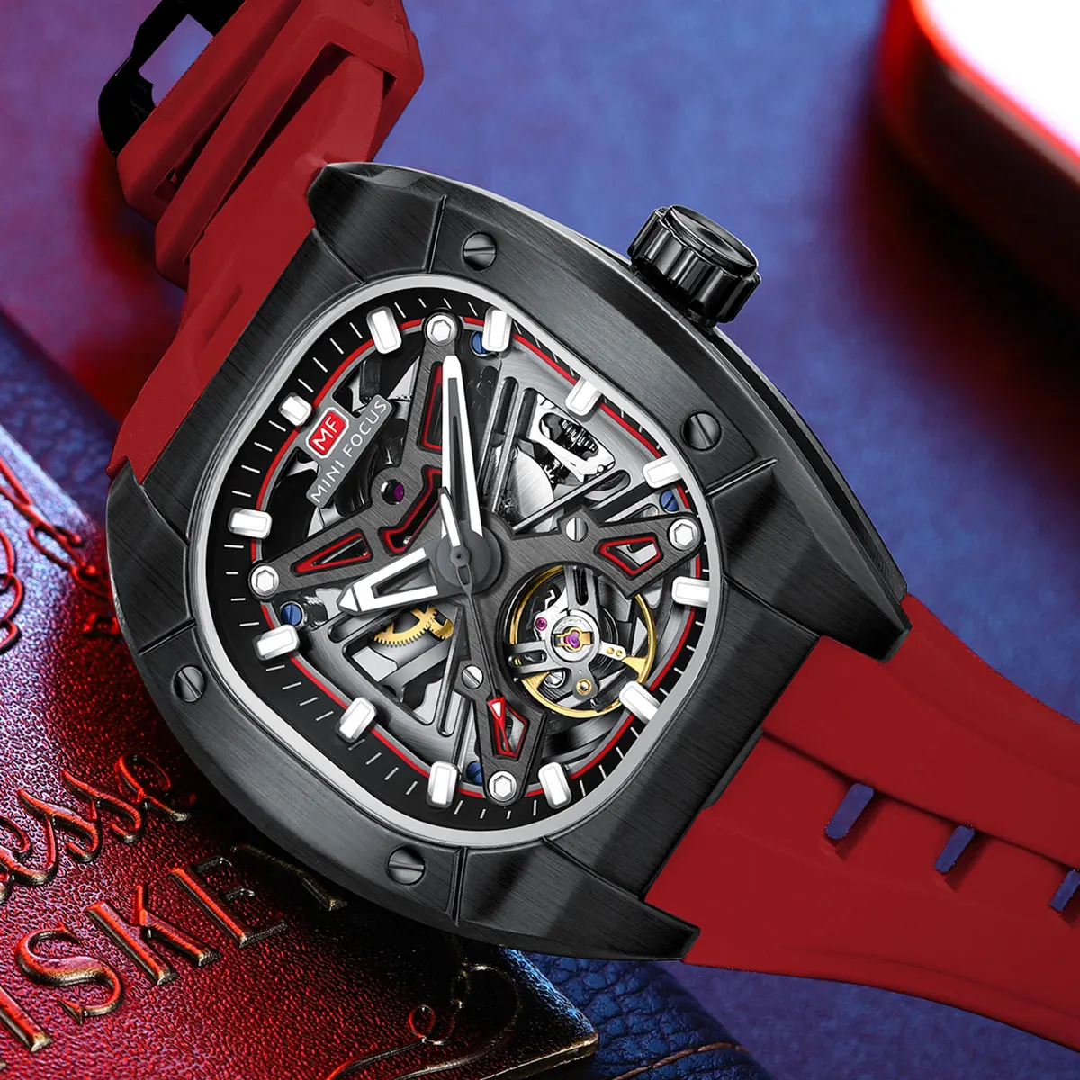 MF MINI FOCUS Luxury Square Hollow Mechanical Watch for Men Soft Silicone Band Waterproof Fashion Automatic Male Wrist Watch