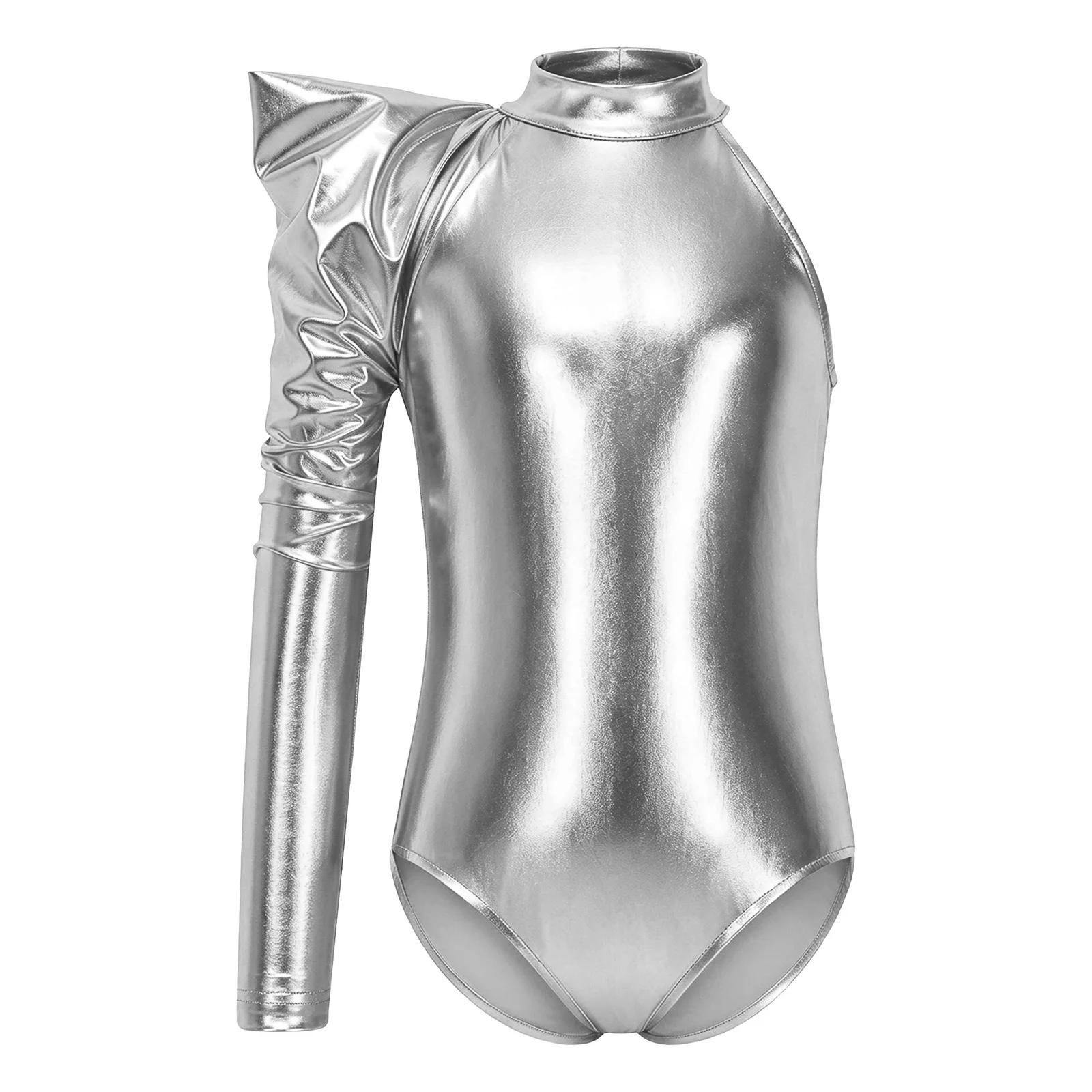 Kids Girls Bodysuit Alien Costume Asymmetrical Metallic Bodysuits Long Sleeve One Shoulder Leotard for Halloween Theme Party