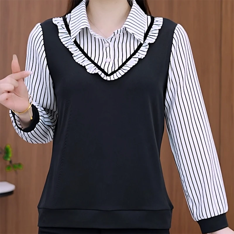 Fashion Lapel Striped Ruffles Fake Two Pieces Blouses Women's Clothing 2024 Autumn New Loose Casual Tops All-match Shirts