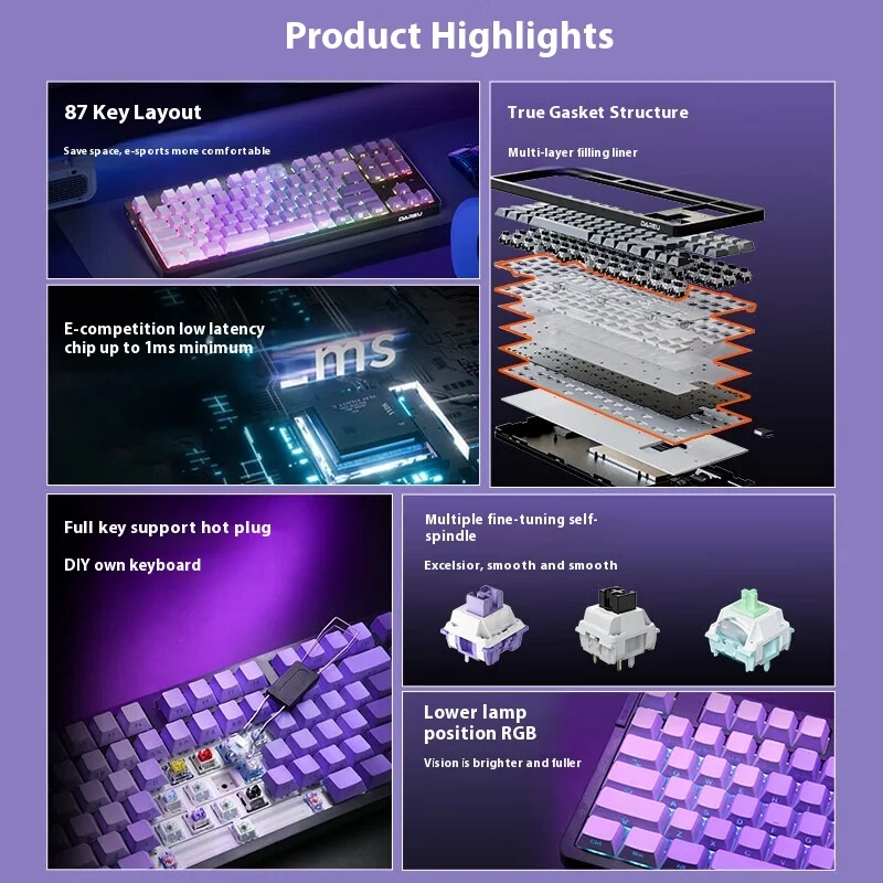 Imagem -04 - Dareu-teclado Mecânico sem Fio para Jogos Tri-mode Bluetooth Rgb E-sports Baixa Latência Hot Swap Junta pc Presentes Ek87pro