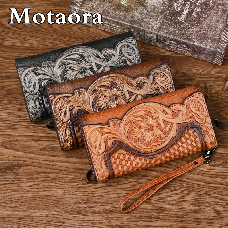 

MOTAORA Retro Embossed Women's Long Wallet Large Capacity Wallets For Women Handbags Trends 2024 Top Layer Cowhide Ladies Purses