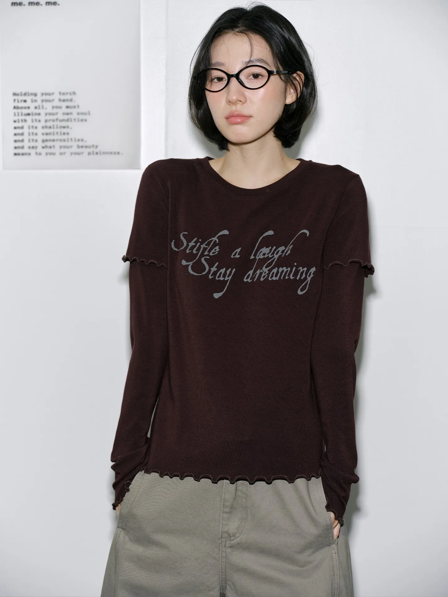 

Soft Comfortable Deer And Bird "Miaomu Pinjie" Faux Two-Piece Long Sve T-irt with Wood ain in Two Colors Casual S...