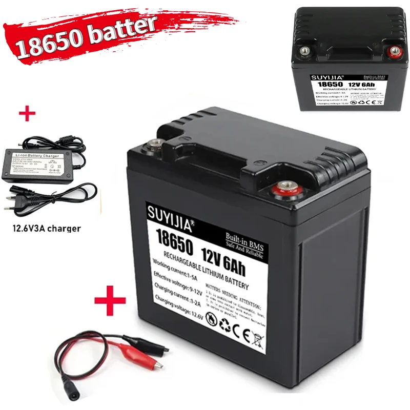 12V Battery 6Ah 18650 Rechargeable Lithium Battery Pack for Solar Energy Light Xenon LED Lamp Electric Sprayer +12.6v3A Charger