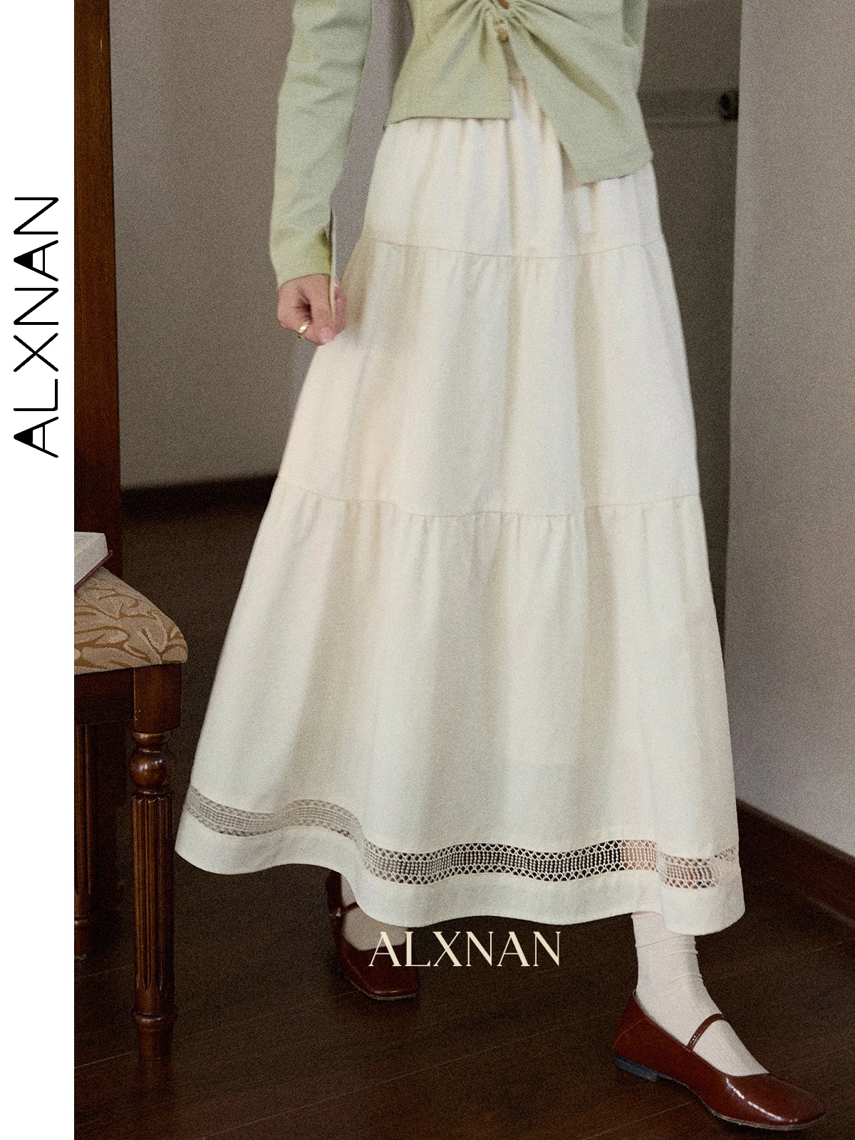 

ALXNAN Women's Skirt White Long A-line Cotton Elegant Skirts 2025 Autumn Casual Loose-fit Elastic Waist Female Clothing L56912