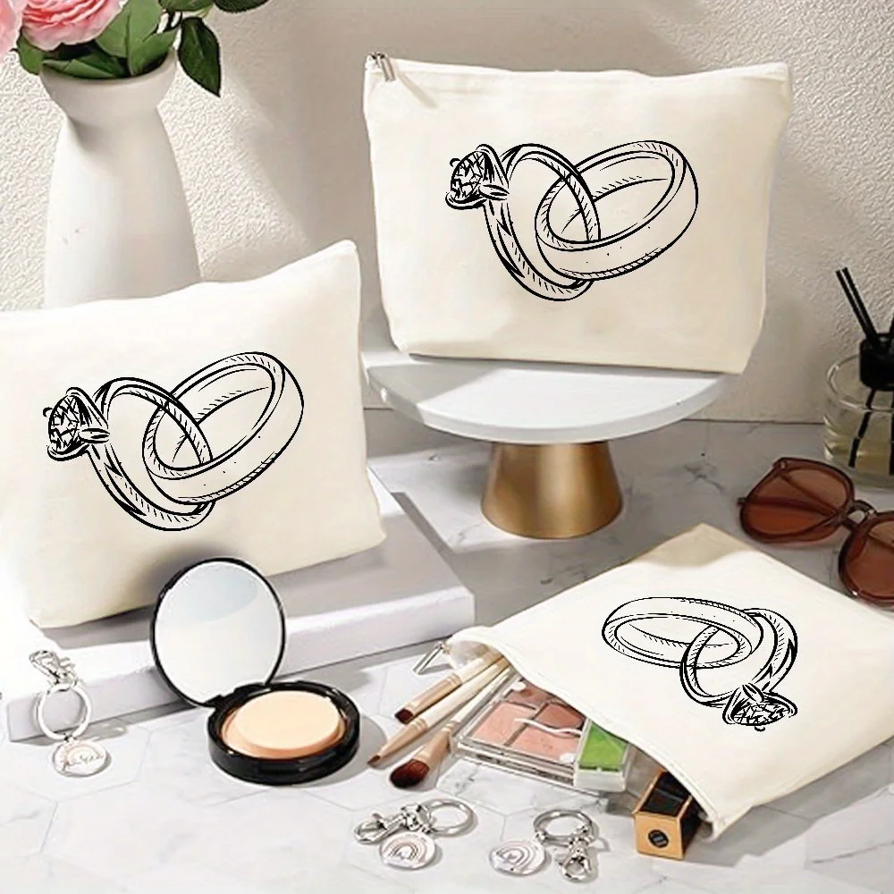 Aesthetic Ring-Printed Makeup Bag for Women - Travel Toiletry Organizer, Bridal Wedding Honeymoon Gift, Compact & Stylish