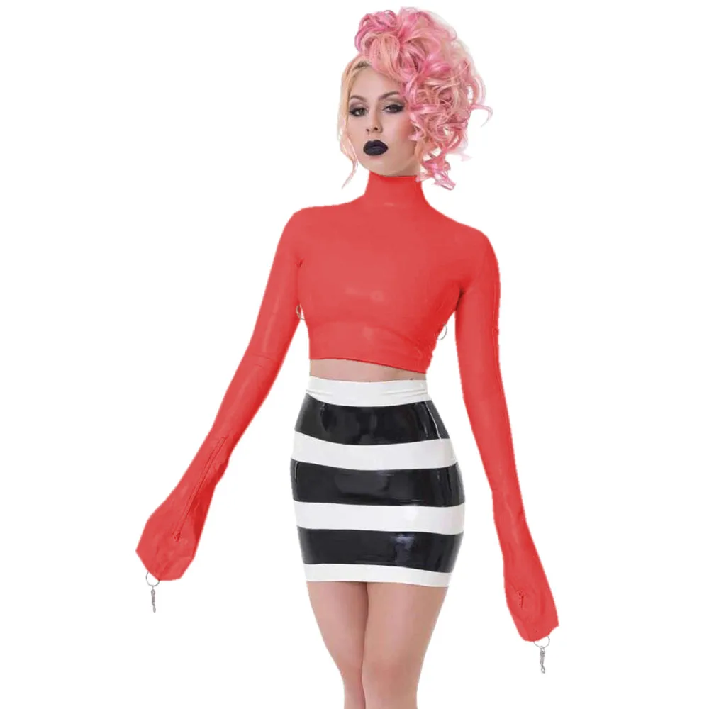 قمم قصيرة مثيرة مع رقبة عالية للإصبع، جلد نحيف نحيف، قمصان قصيرة PVC، قمة مثيرة من الفينيل مع مفتاح قفل، ليلة النادي