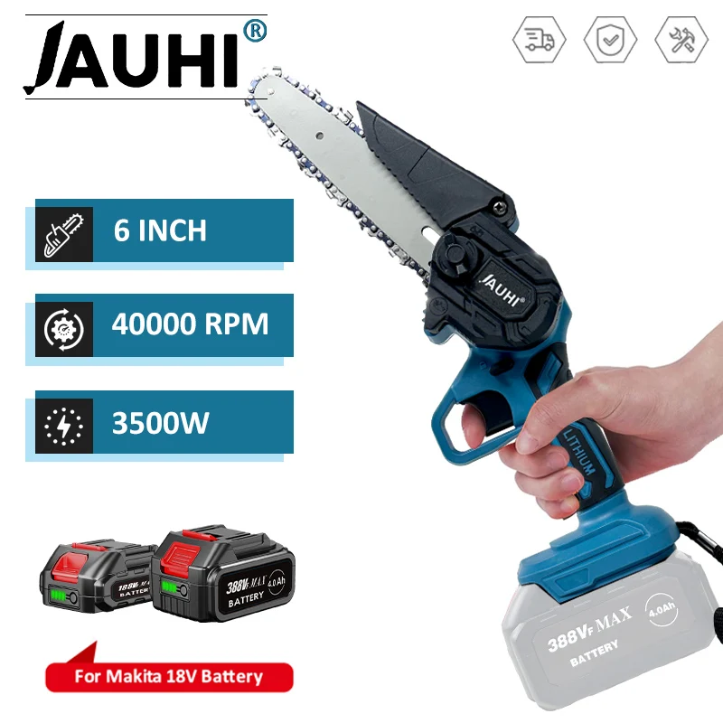 JAUHI 6 Inch Electric Chain Saw 21V Rechargeable Handheld Chainsaw Woodworking Electric Saw For Makita 18V Battery Power Tools