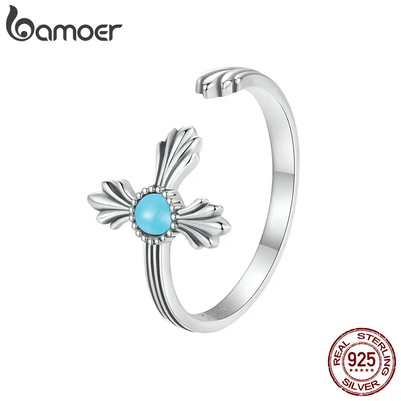 

Bamoer Original 925 Sterling Silver Retro Cross Opening Ring Synthetic Turquoise Oxidized For Women Party Gifts Fine Jewelry