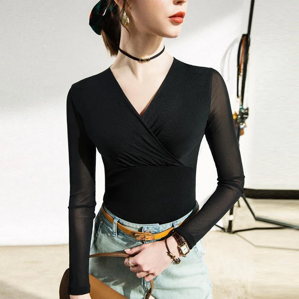 Women\'s Fashion Y2K Mesh T Shirt S-3XL Basic V-neck Long Sleeve Shirt Women Slim Stretch Bottoming Tops T-Shirt Ladies Clothes
