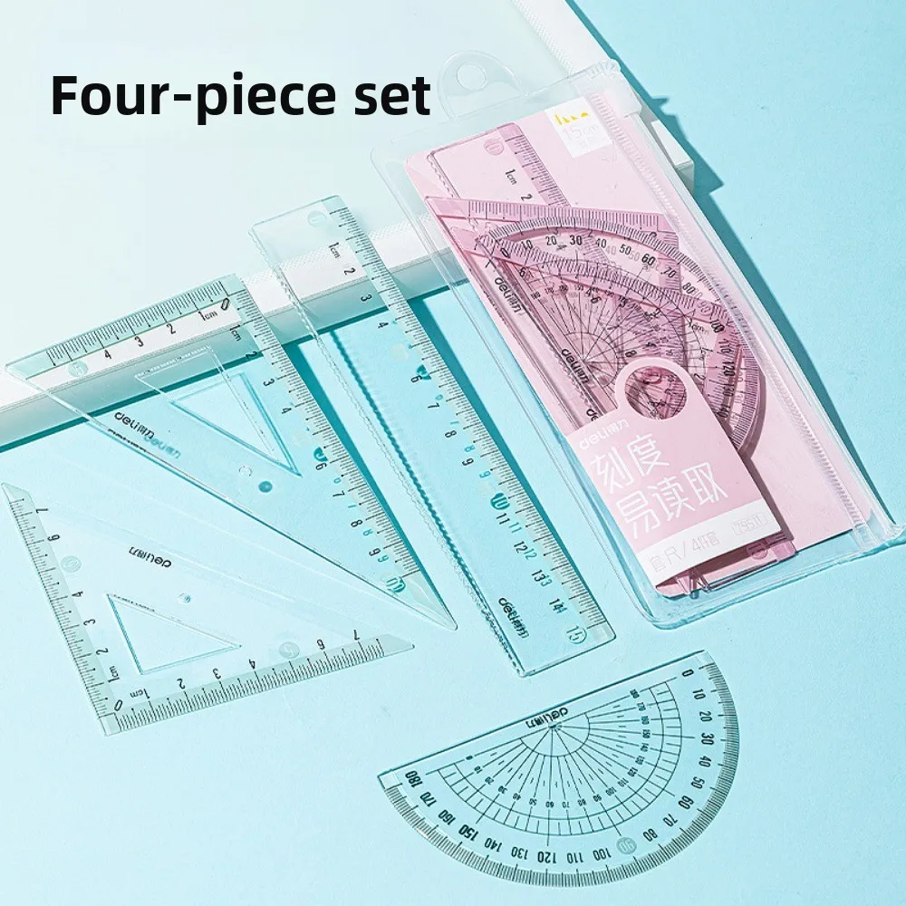 Student Ruler Set Transparent Straight Ruler Protractor Scale Ruler Drawing Drafting Tools Four Piece Stationery Combination Kit