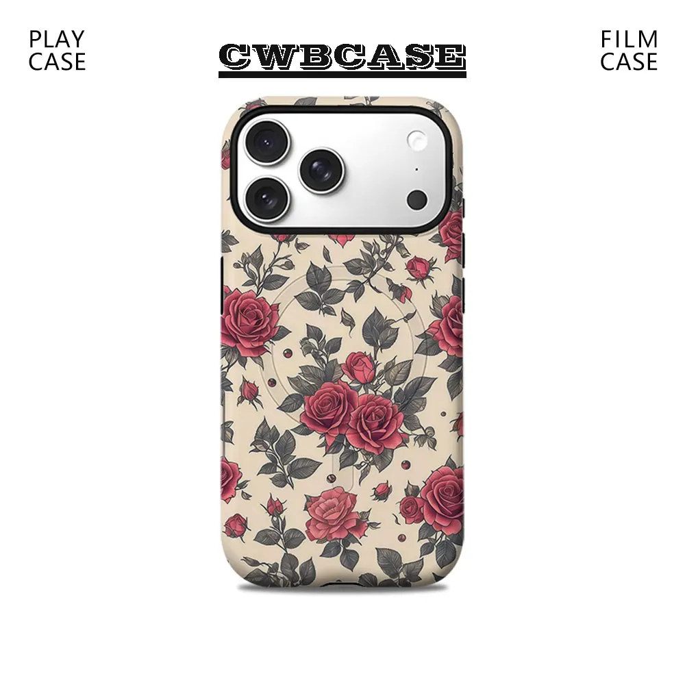 Capa de Celular Vintage com Rosas Vermelhas para Capa Magnética de Celular para iPhone 17 16 15 14 13 Pro Max Plus, Capa Resistente de Camada Única ou Dupla