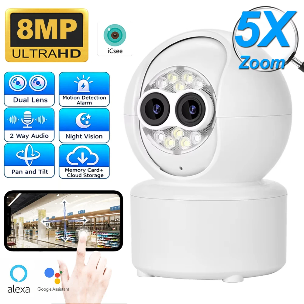 4MP Dual-Lens Security Camera 5X Optical Zoom PTZ WiFi IP Cam with Auto Tracking 2.8mm Lens Wireless Surveillance for Home iCsee