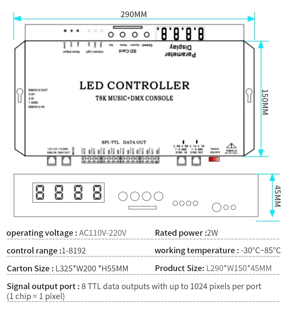 8CH Port Music+DMX Console LED Controller T8K RGBIC SPI-TTL With Mic in/Aux in for WS2812 WS2813 WS2815 WS2811 Led Strip/Module