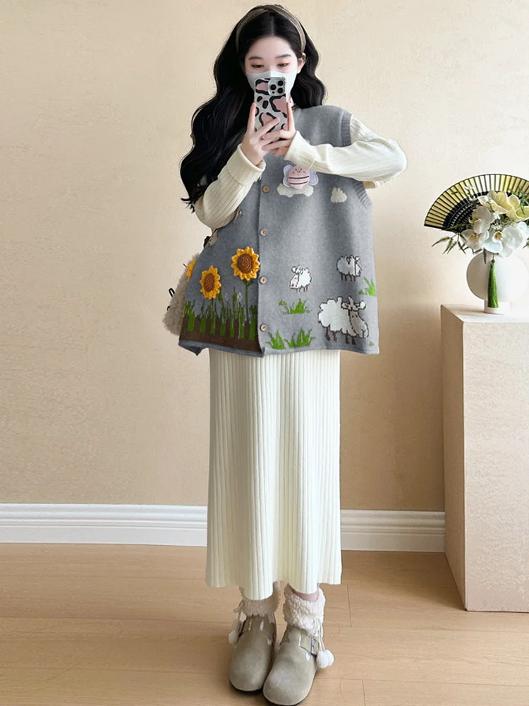 

Adorable Cartoon Knitted Suower Vest Women's Loose Lazy Sweater Overlap Cardigan Soft Warm Casual Daily Faion Top