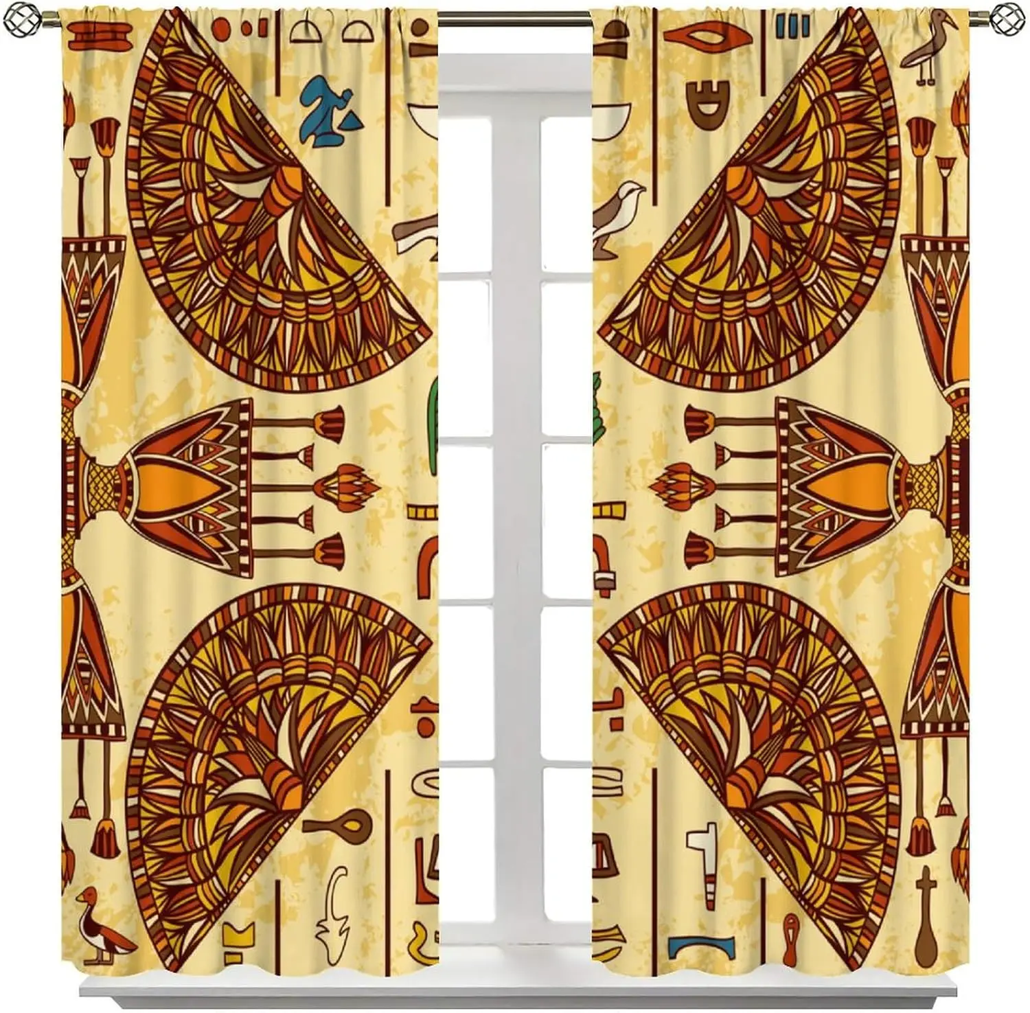 Vintage Ancient Egypt Curtains, Retro Old Egyptian Hieroglyphics Print Window Treatments for Bedroom, Mysterious Egypt Culture W