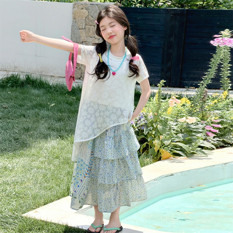 

Children Clothes Girls Summer 2026 White Spaghetti Strap Top with Mesh Short Sleeve Shirt and Floral Print Skirt 110-170cm