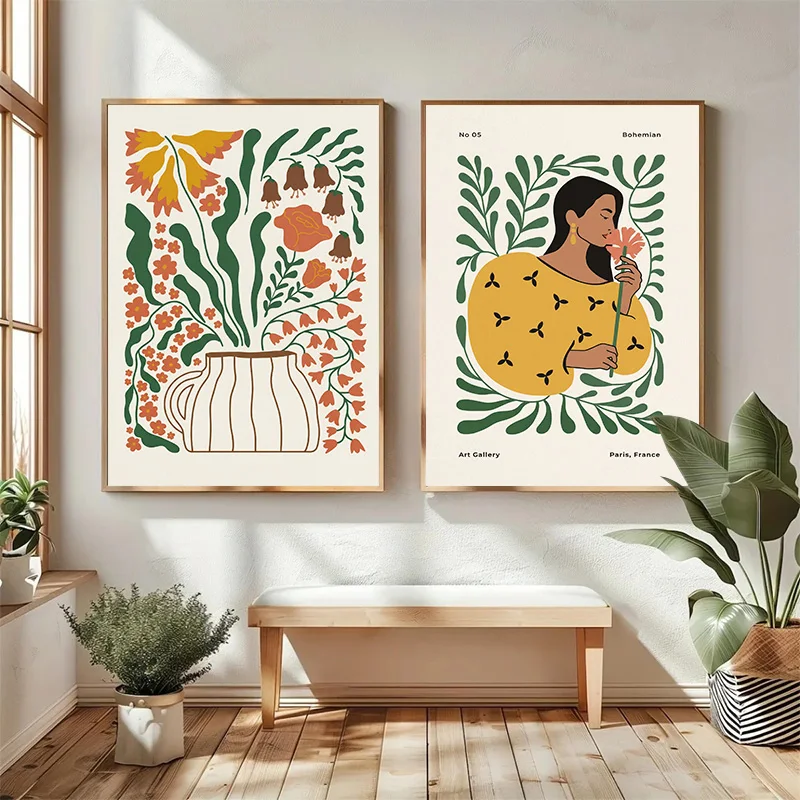 Boho Diamond Poster Set Floral Vase Elegant Lady with Flower Print Neutral Botanical Line Art Wall Art Bedroom Living Room Dec
