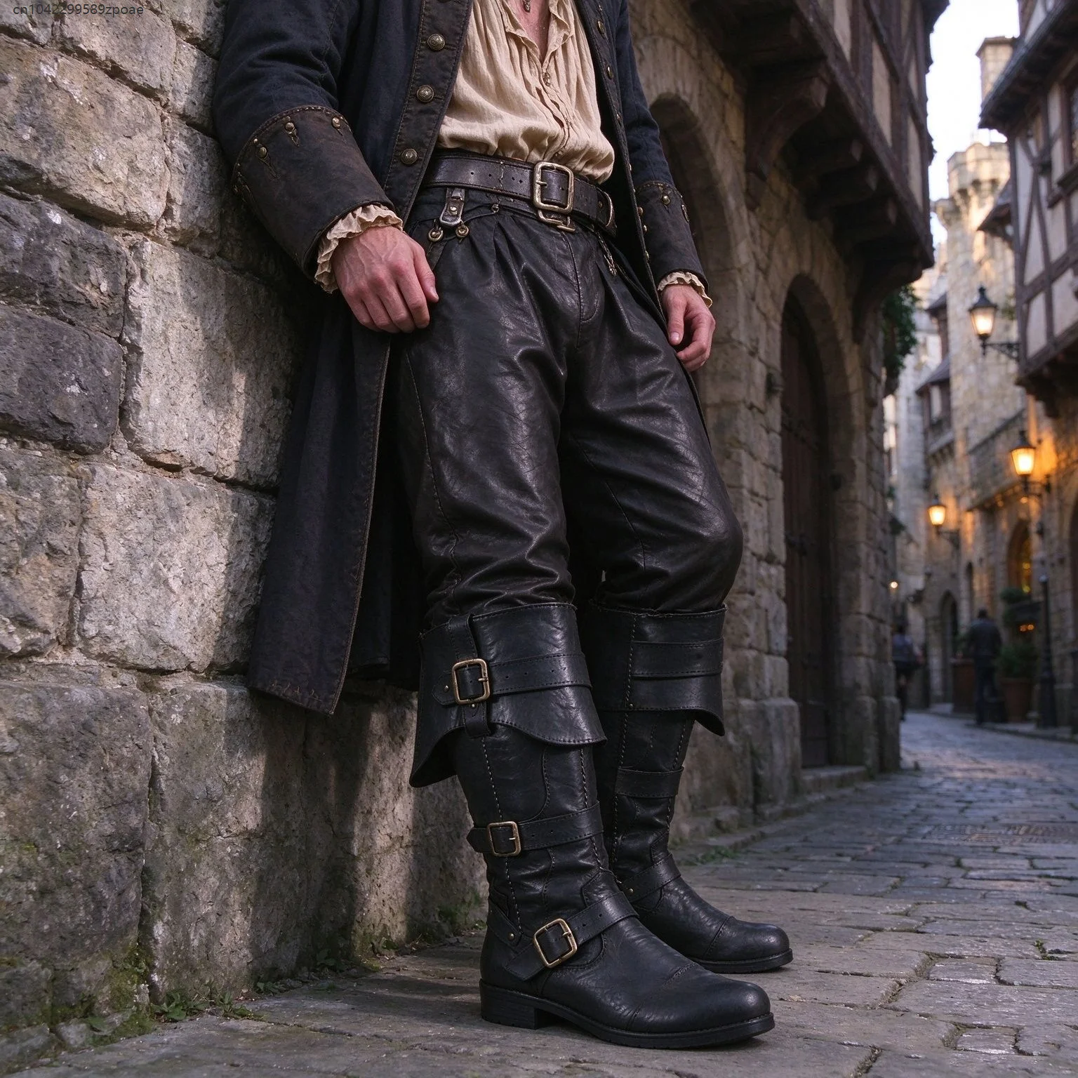 Men Renaissance Pirate Cosplay Boots Vintage Worn Texture Faux Leather High Boot Themed Party Stage Show Medieval Wear Shoes