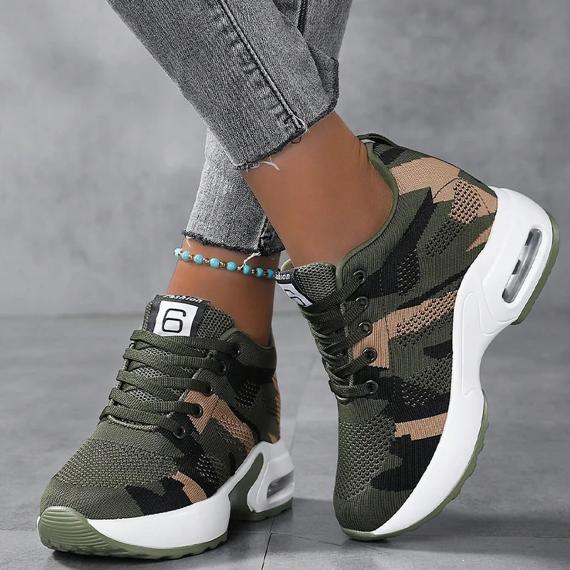 Vrouwen Hoogte Toename Sneakers Luchtkussen Running Sportschoenen Vro Mesh Ademende Platte Hoge Hak Schoenen Camouflage Groene Schoenen