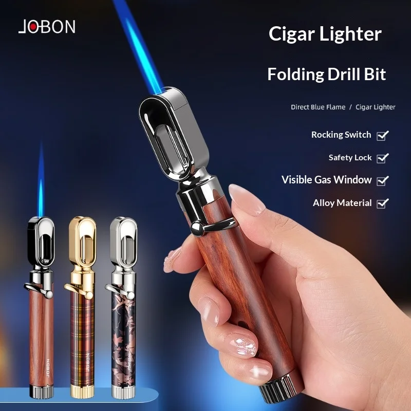 2026 JOBON Cigar Lighter Visual Gas Window Safety Lock Switch Bottom Folding Cigar Diamond Jet Blue Flame Butane Gas Lighters