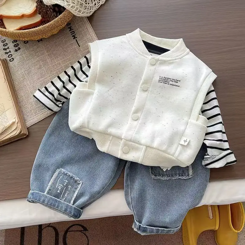 Boys Striped Cartoon Shirt Set 2026 Spring/Autumn New Korean Fashion British Style Three-Piece Set 2