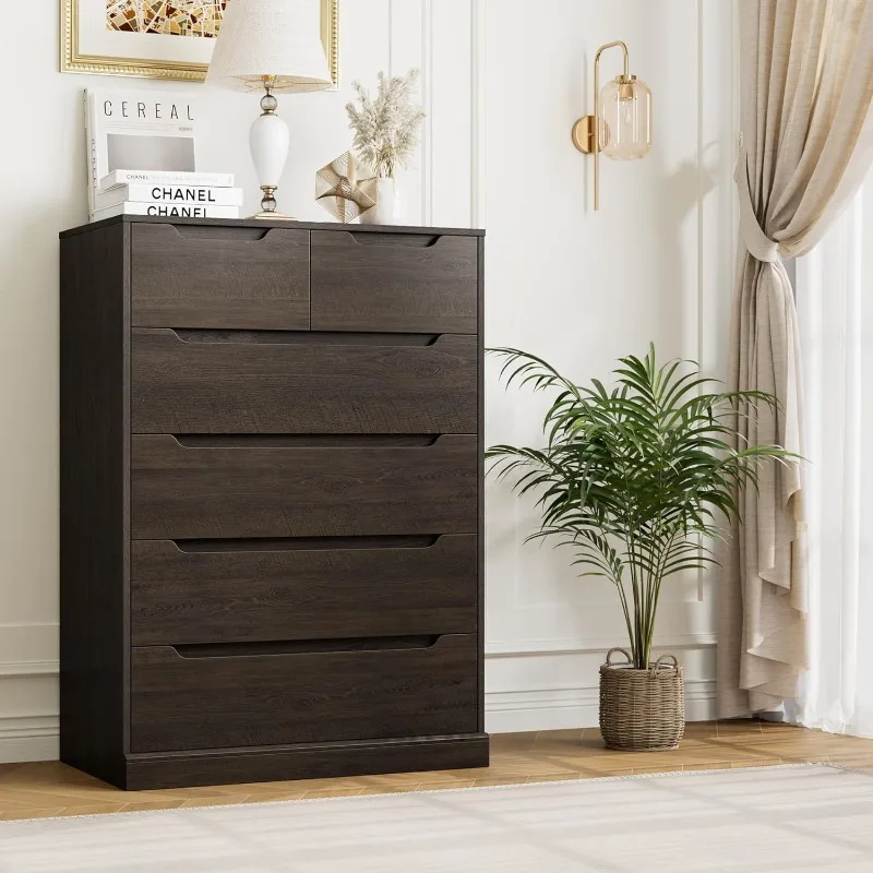 Modern 6 Drawer Dresser for Bedroom, Tall Chest of Drawers with Storage, Large Wood Storage Chest Organizer with Cut-Out Handle