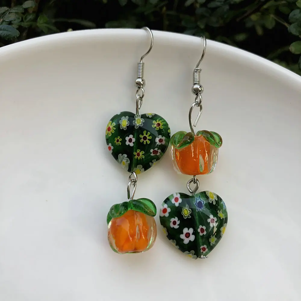 1 pair of retro persimmon Ruyi heart-shaped mixed color thousand flower glass Murano women's pendant earrings