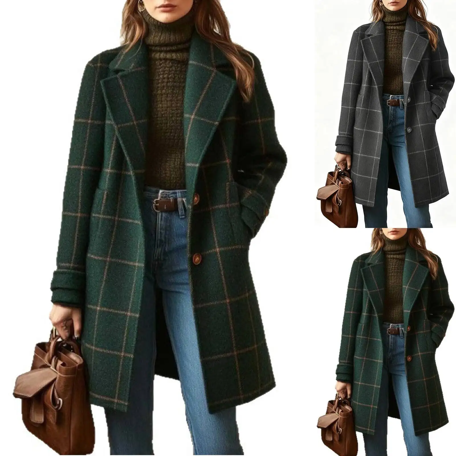 Winter Plaid Wool Trench Single-Breasted Mid-Length Notched Collar Coat Trendy Casual Fashion Women Outerwear Daily Wear