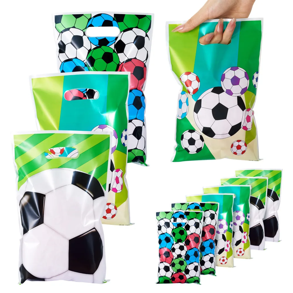 30Pcs Football Printed Plastic Bags Rectangle with Hole Handles Gift Storage Bag for Soccer  Party Sports Themed Events Supplies