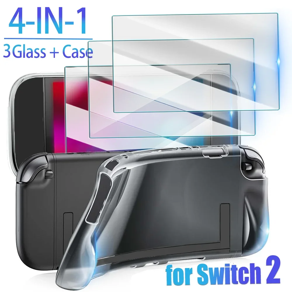 Für Switch 2, gehärtetes Glas, Displayschutzfolie, HD, kratzfest, 9H Härte, mit TPU-Hülle, weiche, stoßfeste Abdeckung, vollständiger Schutz