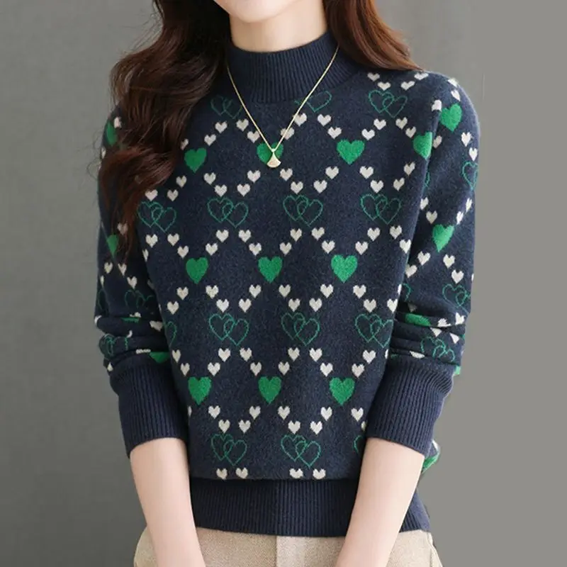 Autumn Winter Women\'s Clothing Screw Thread Half High Collar Geometric Long Sleeve Sweater Knitted Elegant Trendy Colorful Tops