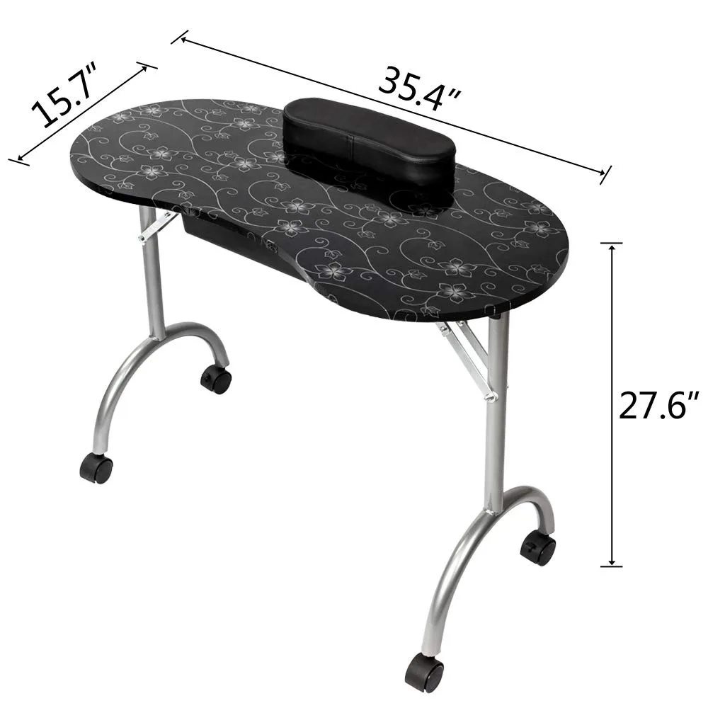 MESA DE MANICURA para uñas, estación de trabajo de escritorio, TP005, portátil, extraíble y plegable, fácil de montar y peso ligero (negro)