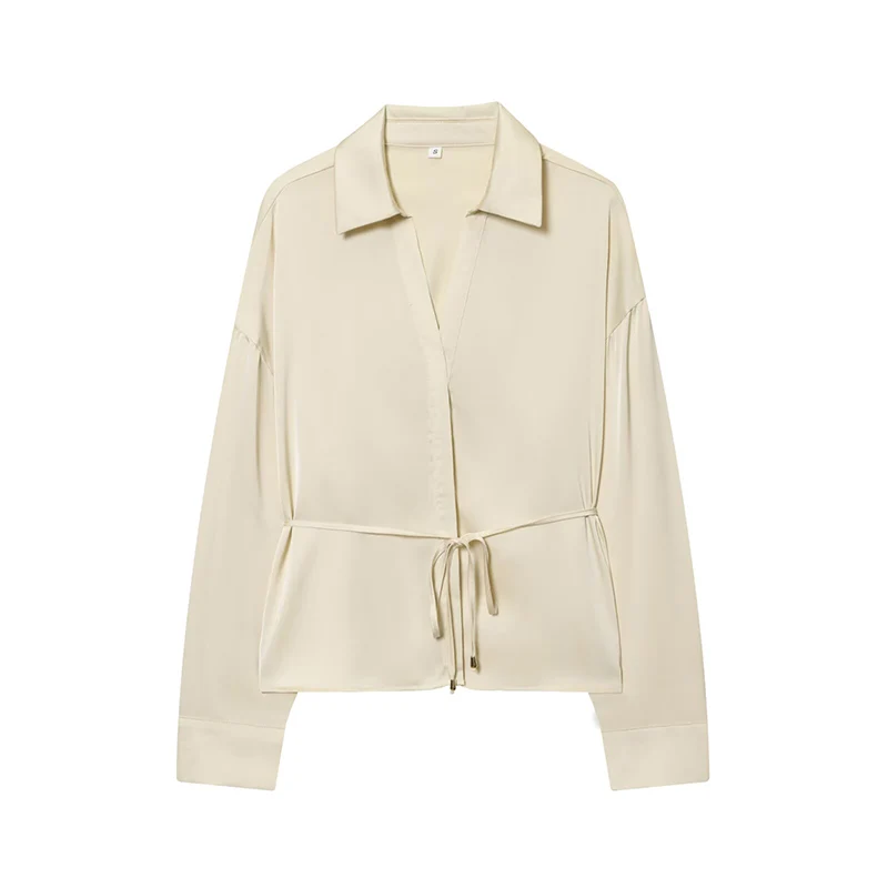 البلوزات الخريف المرأة 2025 جديد مكتب قمصان المرأة موضة سليم الخامس الرقبة حزام أنيق الشارع السفر الخريف قميص بلايز #1