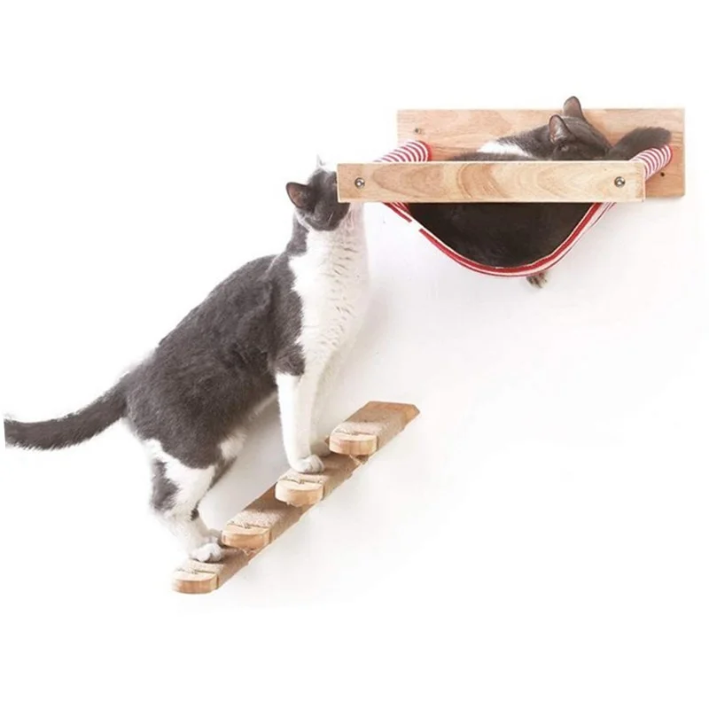 Wall-mounted Cat Hammock Bed Pet Furniture Kitten Wall Shelf Set Cat Perch Wooden Scratching Climbing Post Cat Tree House Toy