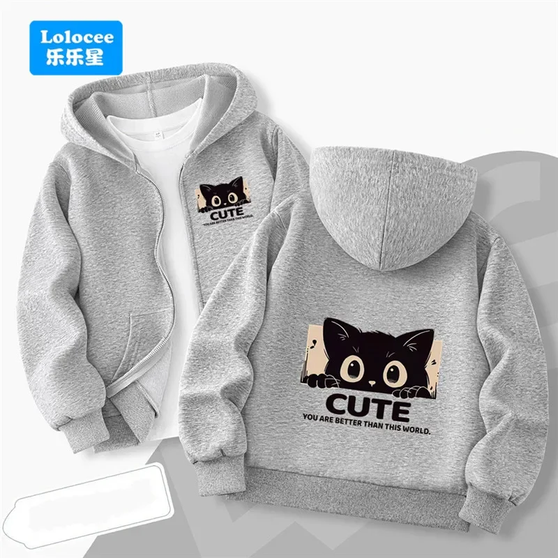 Chaqueta con cremallera y estampado de gato negro para niños, Sudadera con capucha de primavera, abrigo con cremallera de dibujos animados, ropa con capucha para exteriores para niños de otoño MKA1