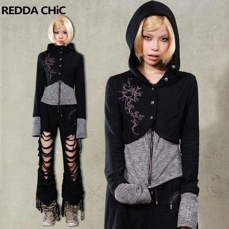 

REDDACHiC Aesthetic Women Zip Up Sweatshirt Jacket Shiny Leopard Stitch Knit Long Sleeve Cardigan Hooded Top Grunge Y2k Clothes