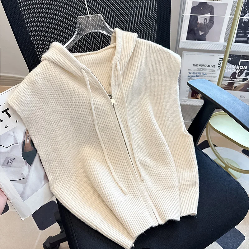 Hooded Knitted Cardigan Sweater Outerwear New Women's Autumn Zipper Vest Jacket Loose Sleeveless Tops Fashion Streetwear