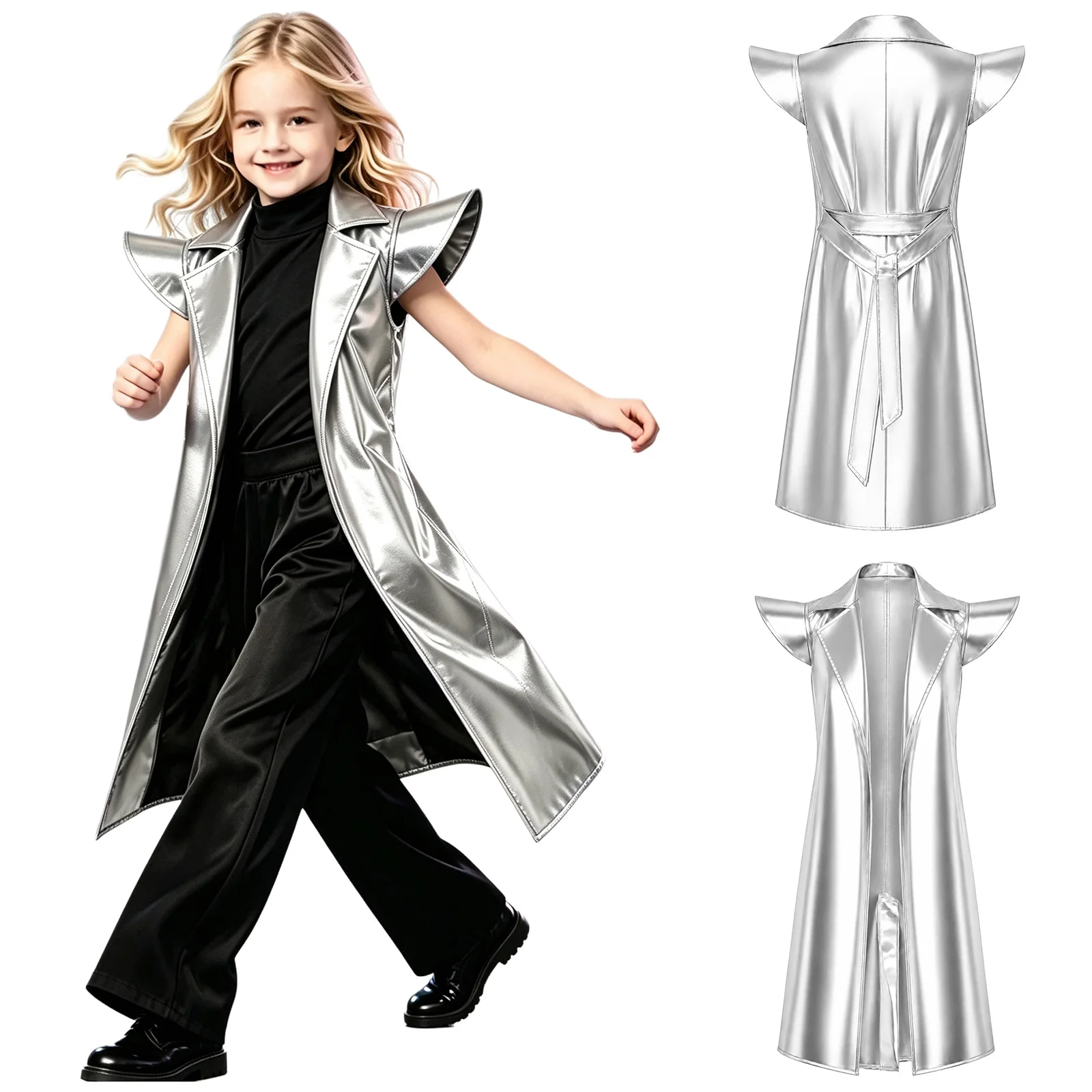Kids Metallic Shiny Trench Coat Disco Party Magic Show Dress Up Outerwear Cap Sleeve Open Front Belted Jacket Coat with Pockets