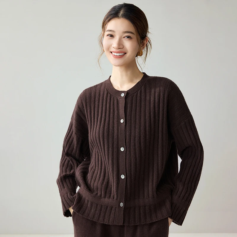 Autumn Winter Women's 100% Cashmere Sweater Cardigan O‑Neck Drawstring Hem Tie Construction Timeless Minimal Knit Outerwear