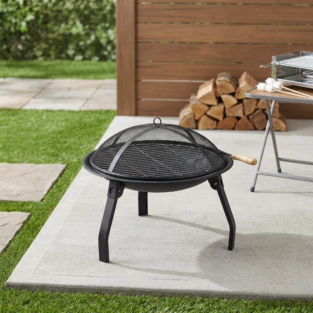 Outdoor New Folding Portable Round Fire Pit Heating BBQ Stove Dual-use Model  Chrome Plated Grill Net