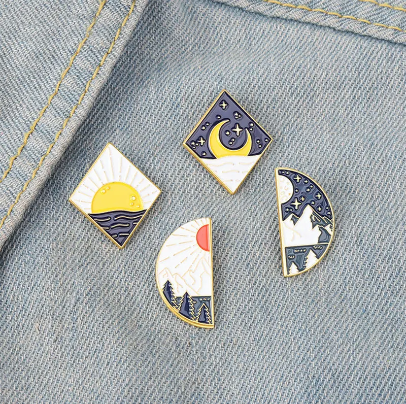 Sun and Moon Landscape Enamel Pins Couples Day and Night Brooch Lapel Badge Outdoors Camping Jewelry Gift for Kids Friends