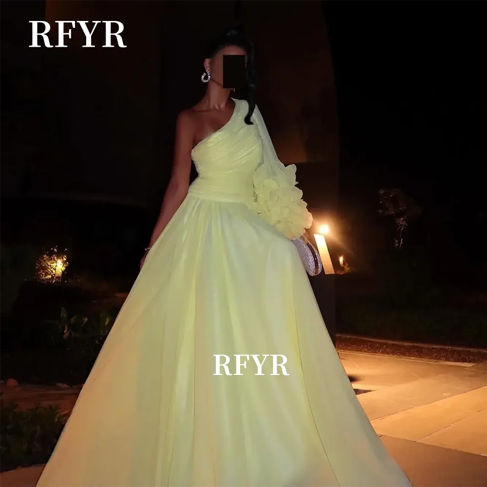 

RFYR One Sleeve Party Dress Pleats Evening Dress Flowers A Line Prom Dress Chiffon Celebrity Gala Dress فستان سهرة Cust