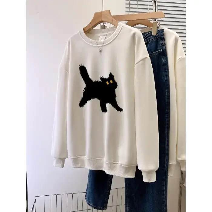 Autumn 2024 Women Sweatshirts Oversized Round Neck Cartoon Cat Print Long Sleeved Thin Hoodies Female Casual Pullover Unisex Top