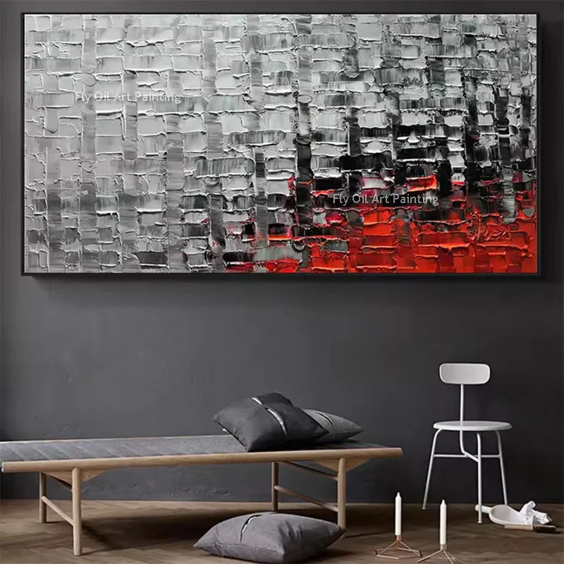 Special Design Red And White Block Knife Thick Oil Painting Handpainted Gray Red Canvas Wall Art For Home Decor As Gift For Love