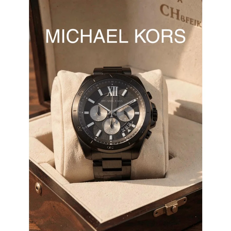 Michael Kors Men Quartz Watch All Black Steel Bracelet Chronograph Black Roman Dial Sport Business Wristwatch Gift