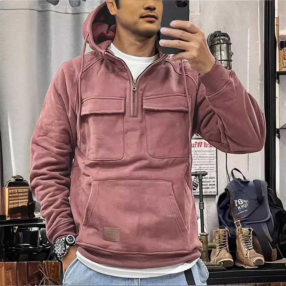 Men's Hooded Sweatshirt Solid Color Casual Hoodies Spring Summer Multi Pocket Leather Patch Jacket