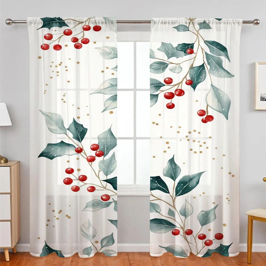 Elegant Green Leaf and Red Berry Print Curtains for Living Room Home Decor Light Filtering Window Panels