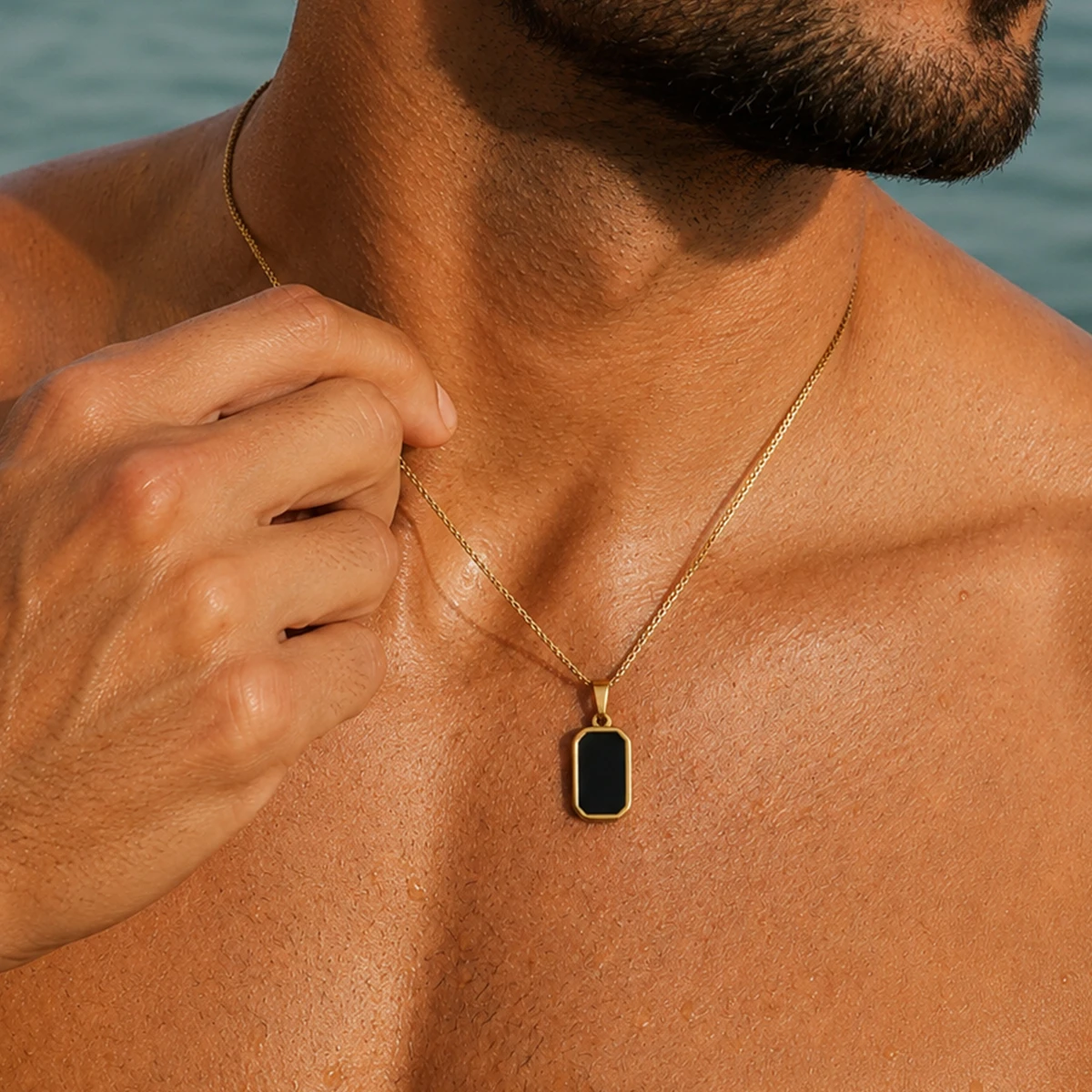 SHIXIN 2026 Minimalist Stainless Steel Square Pendant Necklace Men 18K Gold Plated Clavicle Chain Waterproof Non Fading Jewelry