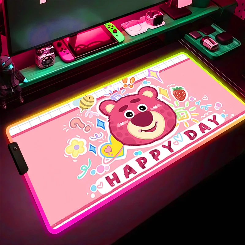 

RGB LED Mouse Pad Gaming Mat PC Accessories Mousepad Desk Mat Strawberry Bear L-lotso Non Slip Extended Pad Rubber Keyboard Pad