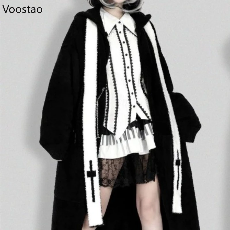Y2k Esthetiek Lolita Stijl Lang Gebreid Vest Vrouwen Gothic Grunge Punk Capuchon Trui Jas Vrouwelijke Streetwear Truien Tops